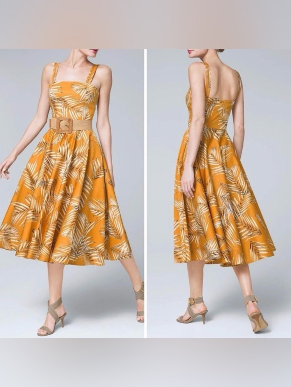 White House Black Market Mustard Yellow Tropical Print Sateen Midi Dress Size 6